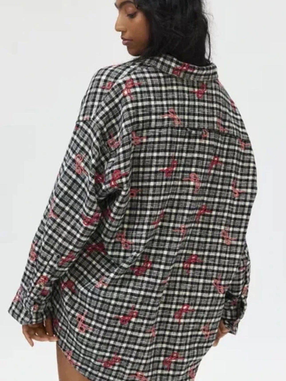 Urban Outfitters Black and White Plaid Button-Up Shirt with Pink Bow Print